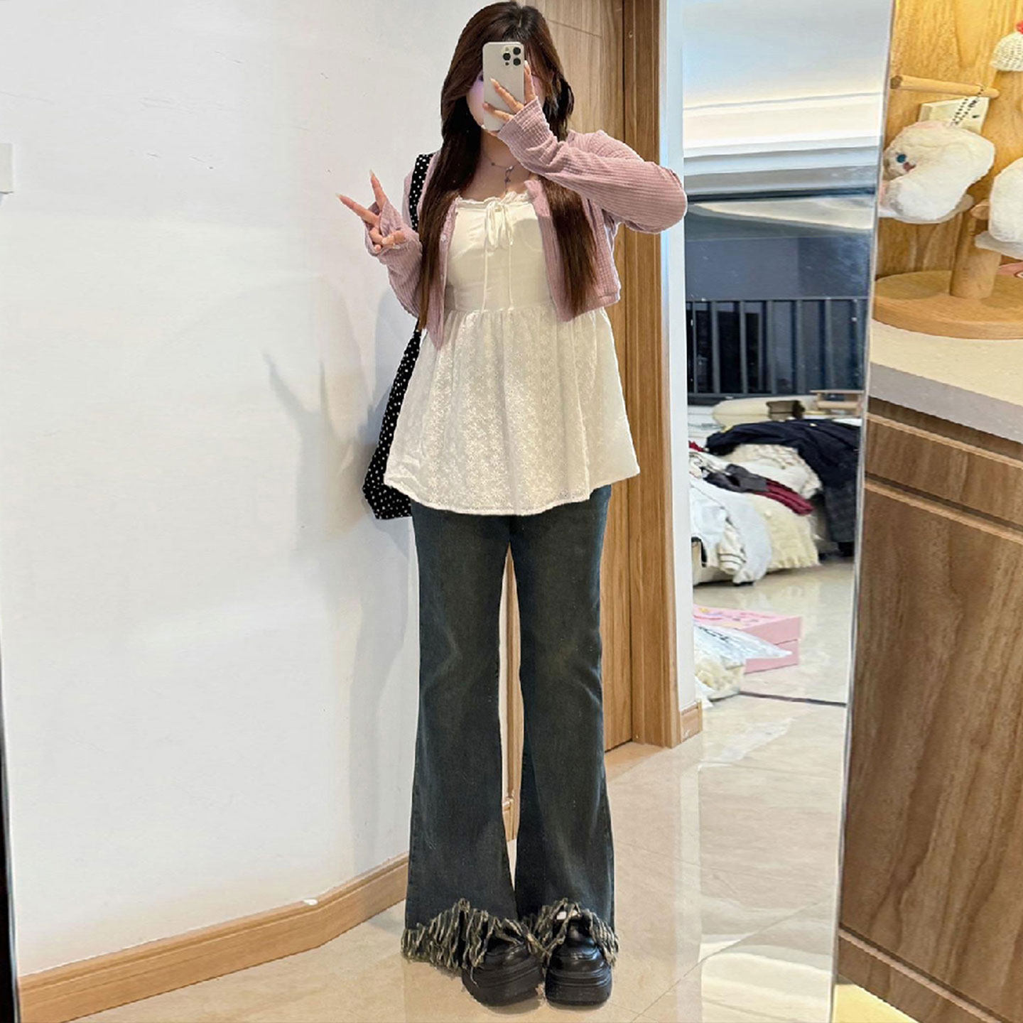 大码女装胖mm复古辣妹风弹力牛仔裤女2025新款高腰显瘦微喇长裤子,淘宝优惠券,粉丝福利购,淘宝优惠卷