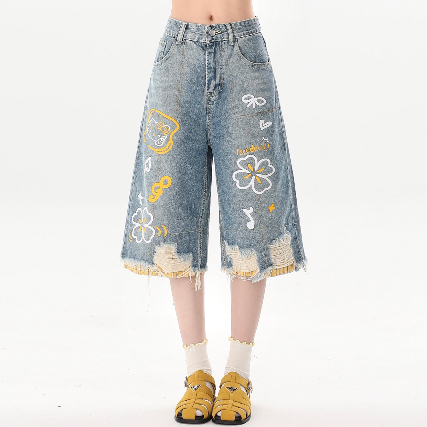 特大码女装美式减龄卡通印花破洞牛仔短裤女胖mm设计感阔腿七分裤,淘宝优惠券,粉丝福利购,淘宝优惠卷