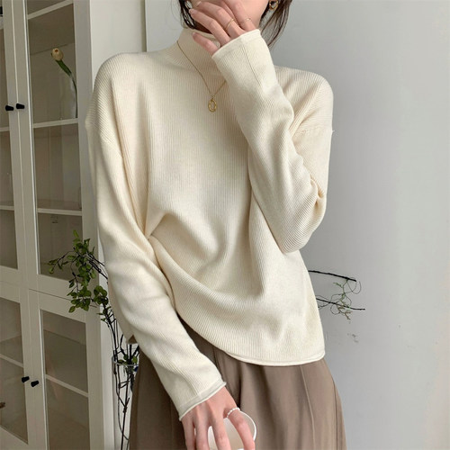 特大码胖mm杏色慵懒风半高领针织衫女春季新款宽松显瘦打底衫毛衣 - 图0