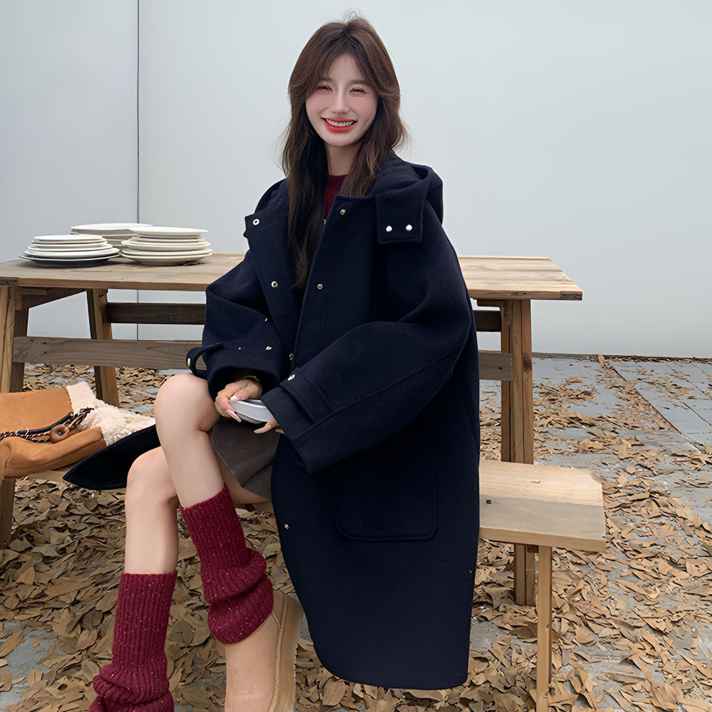 大码女装藏青色加厚保暖毛呢大衣女胖mm宽松显瘦中长款连帽外套 - 图0