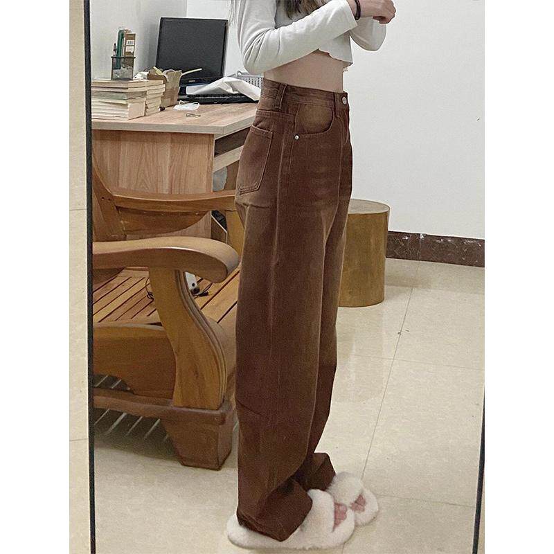 特大码胖mm美式复古棕色直筒牛仔裤女新款学生裤子高腰显瘦阔腿裤,淘宝优惠券,粉丝福利购,淘宝优惠卷