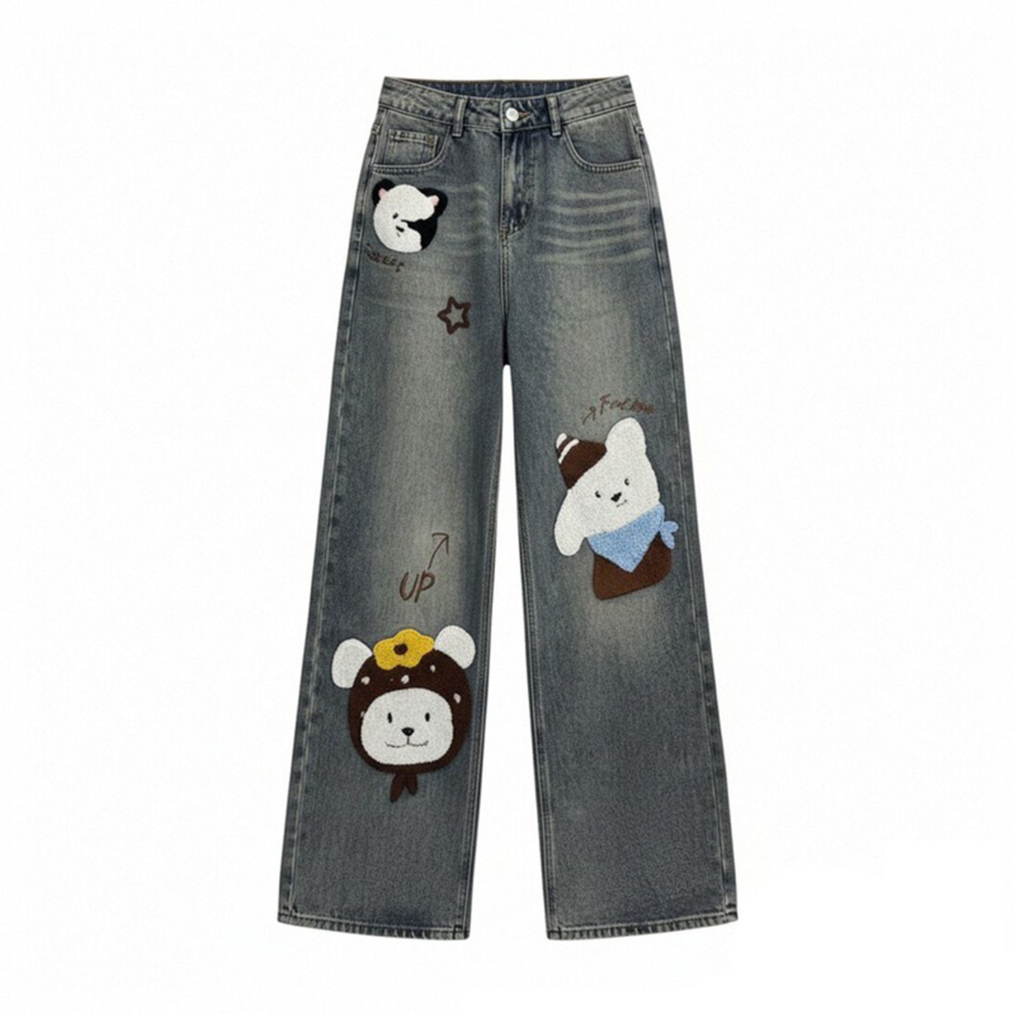 大码女装胖mm蓝色小狗贴布牛仔裤女冬季加绒加厚高腰显瘦阔腿裤子,淘宝优惠券,粉丝福利购,淘宝优惠卷