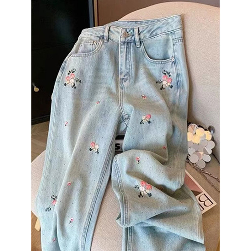 特大码花朵刺绣阔腿牛仔裤女胖mm夏季新款镶钻裤子宽松显瘦直筒裤,淘宝优惠券,粉丝福利购,淘宝优惠卷