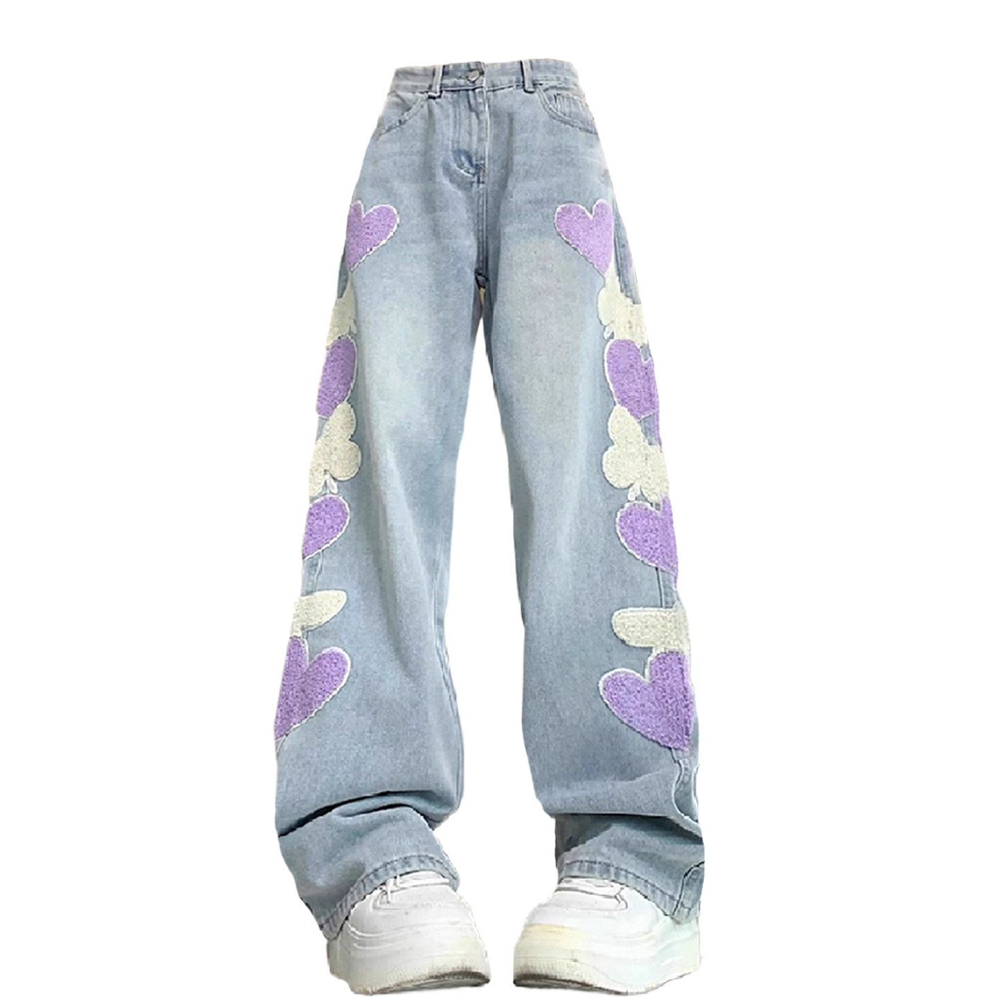 300斤特大码女装美式甜酷风爱心刺绣牛仔裤女胖mm显瘦阔腿长裤子,淘宝优惠券,粉丝福利购,淘宝优惠卷