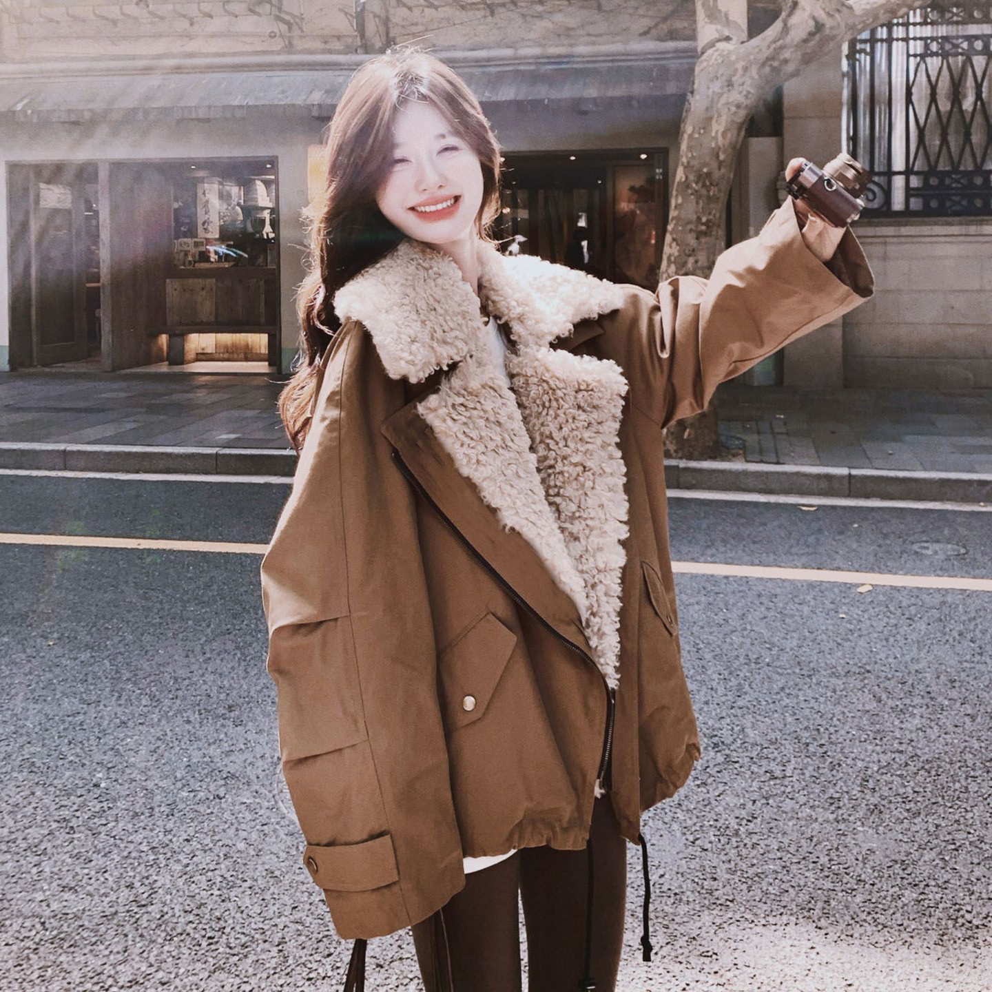 300斤特大码女装美式高街羊羔毛棉服女胖mm韩系工装高级感厚外套 - 图0