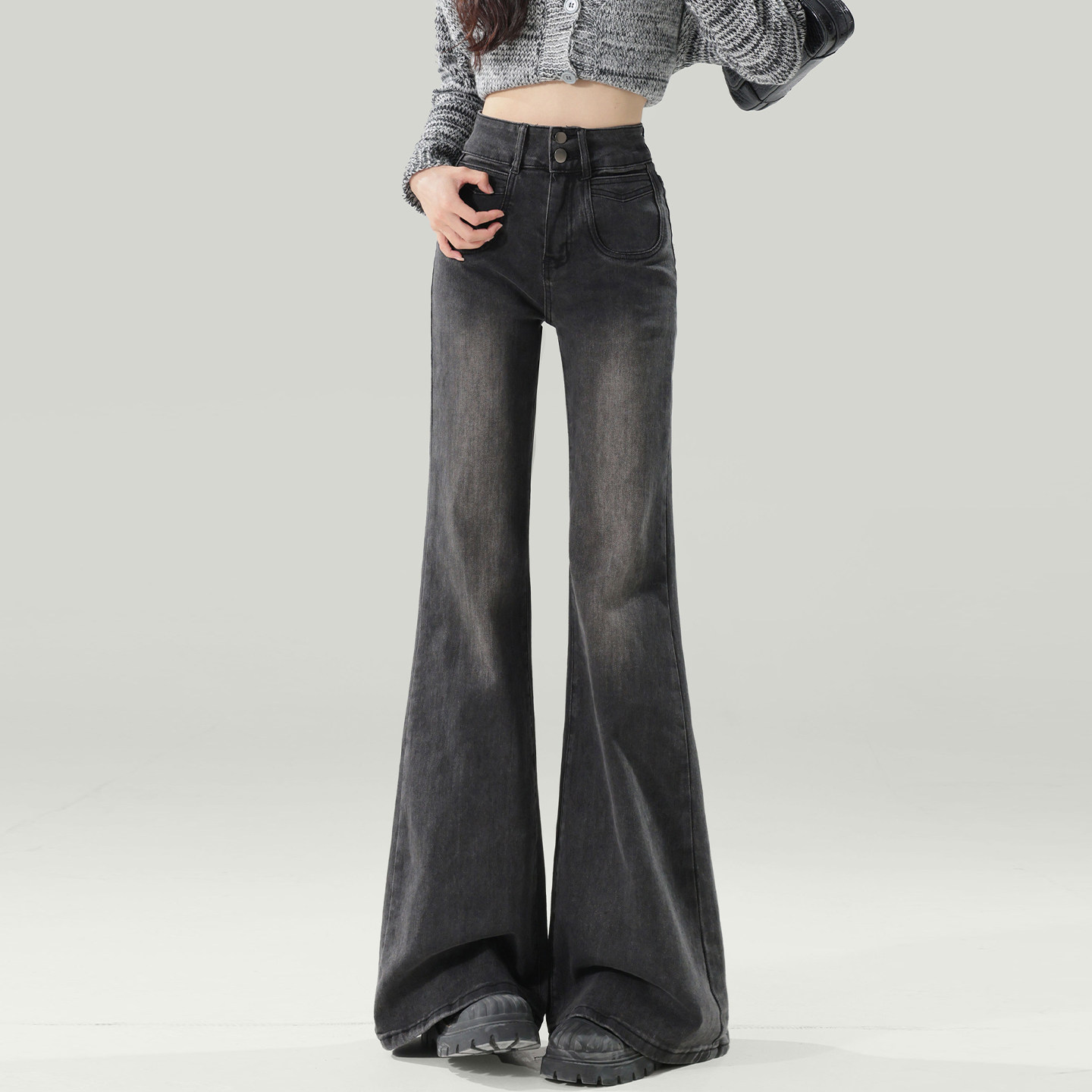 特大码胖mm美式复古微喇牛仔裤女秋季黑灰色高腰显瘦弹力喇叭裤子,淘宝优惠券,粉丝福利购,淘宝优惠卷