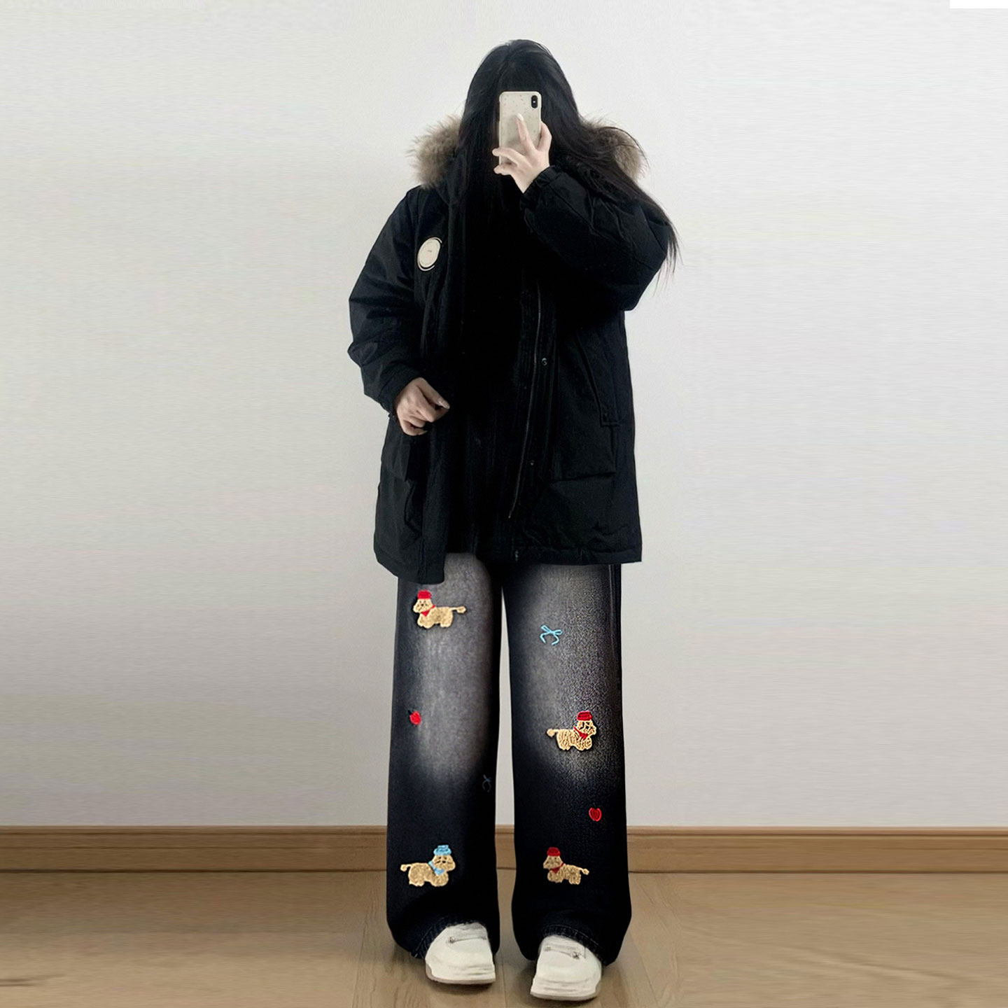 大码女装卡通刺绣减龄黑色牛仔裤女秋冬胖mm高腰显瘦宽松阔腿裤子,淘宝优惠券,粉丝福利购,淘宝优惠卷