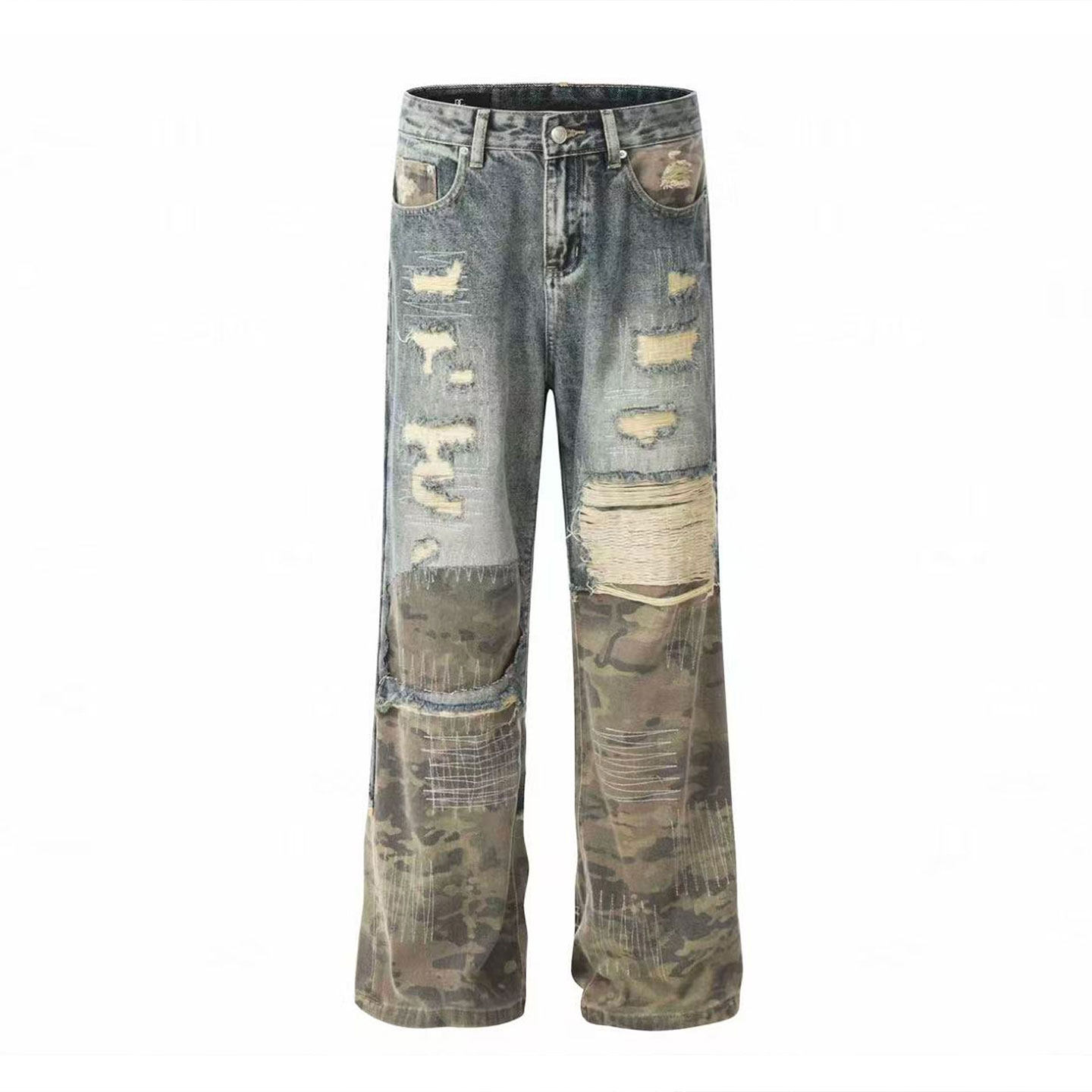 特大码胖mm美式穿搭辣妹风蓝色牛仔裤女破洞设计豹纹拼接直筒裤子,淘宝优惠券,粉丝福利购,淘宝优惠卷