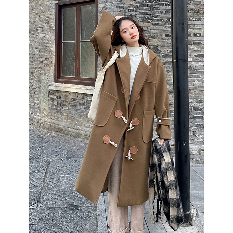 特大码女装胖mm美拉德牛角扣毛呢外套女冬季长款过膝连帽呢子大衣,淘宝优惠券,粉丝福利购,淘宝优惠卷