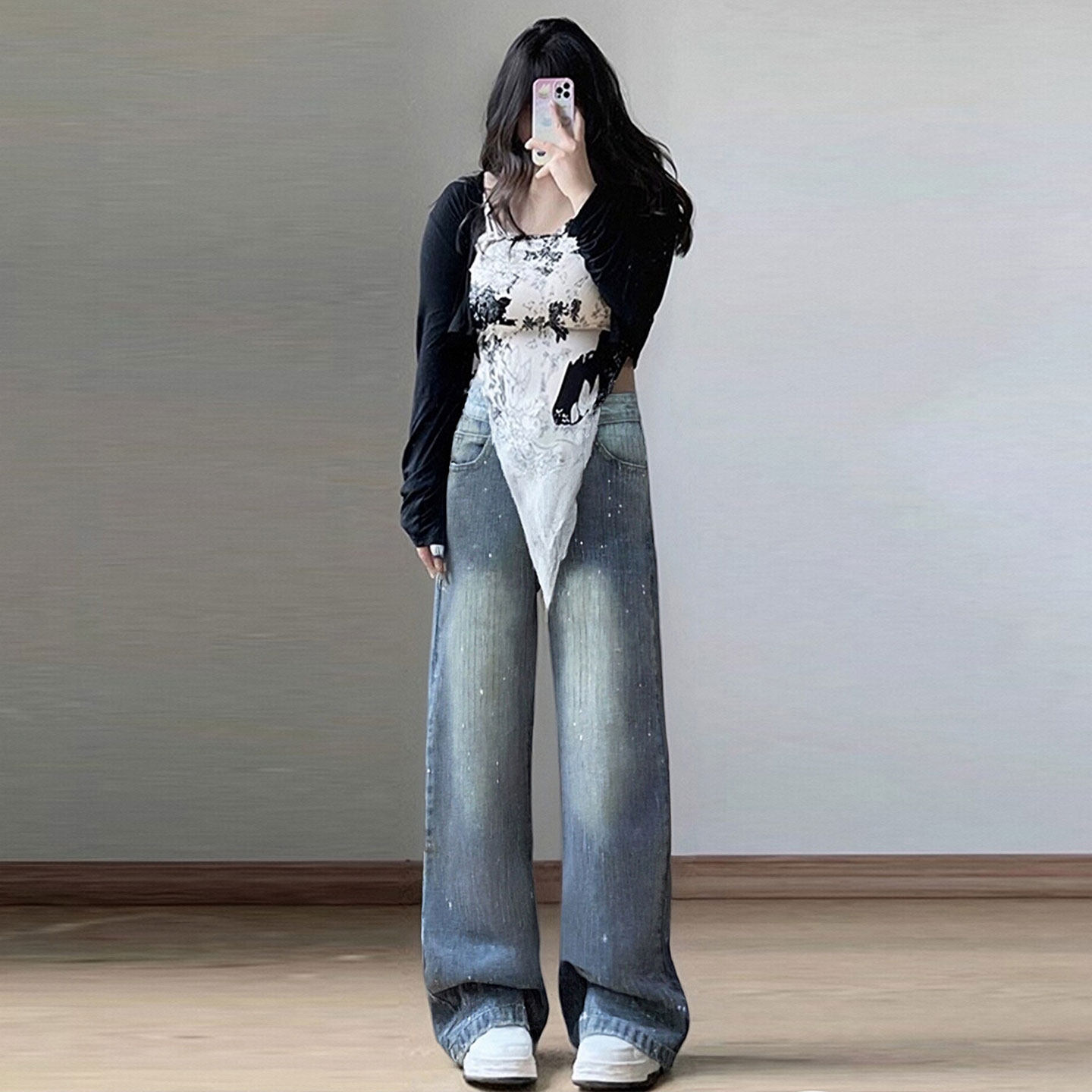 大码胖mm美式ins高街蓝色牛仔裤女2025新款高腰显瘦烫钻阔腿裤子,淘宝优惠券,粉丝福利购,淘宝优惠卷