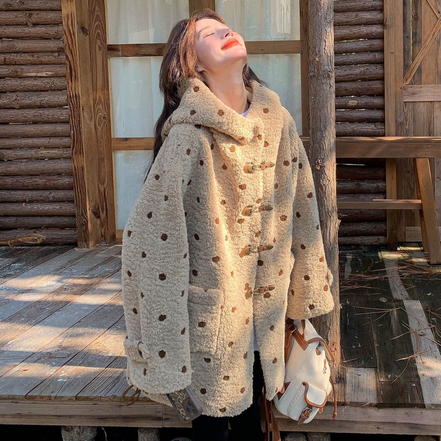 胖mm大码女装奶茶色波点羊羔毛外套女冬季加厚保暖慵懒风连帽棉服,淘宝优惠券,粉丝福利购,淘宝优惠卷