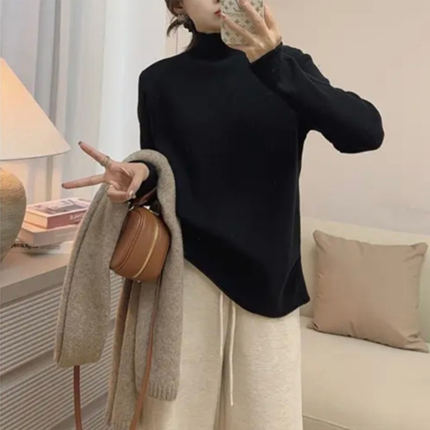 特大码胖mm杏色慵懒风半高领针织衫女秋冬新款宽松显瘦打底衫毛衣,淘宝优惠券,粉丝福利购,淘宝优惠卷