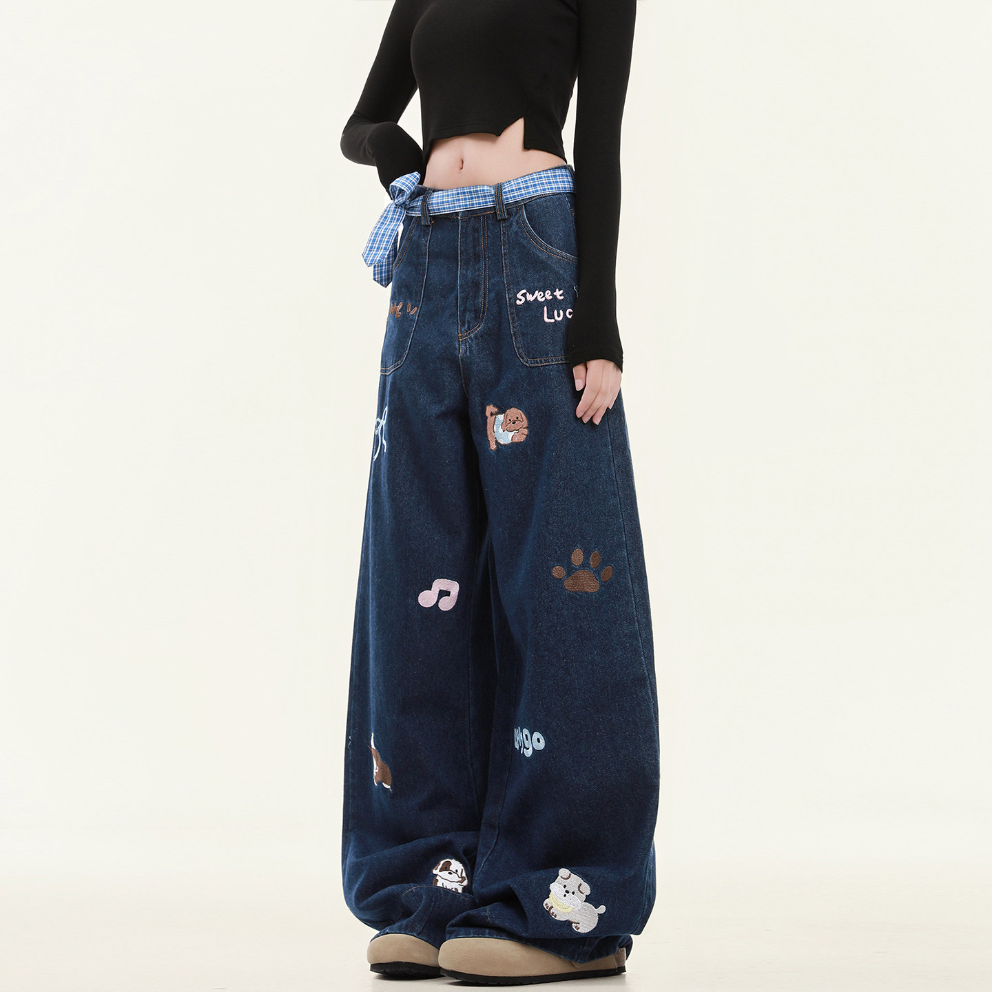 特大码胖mm韩版宽松显瘦阔腿牛仔裤女格子小众设计感卷边直筒裤子,淘宝优惠券,粉丝福利购,淘宝优惠卷