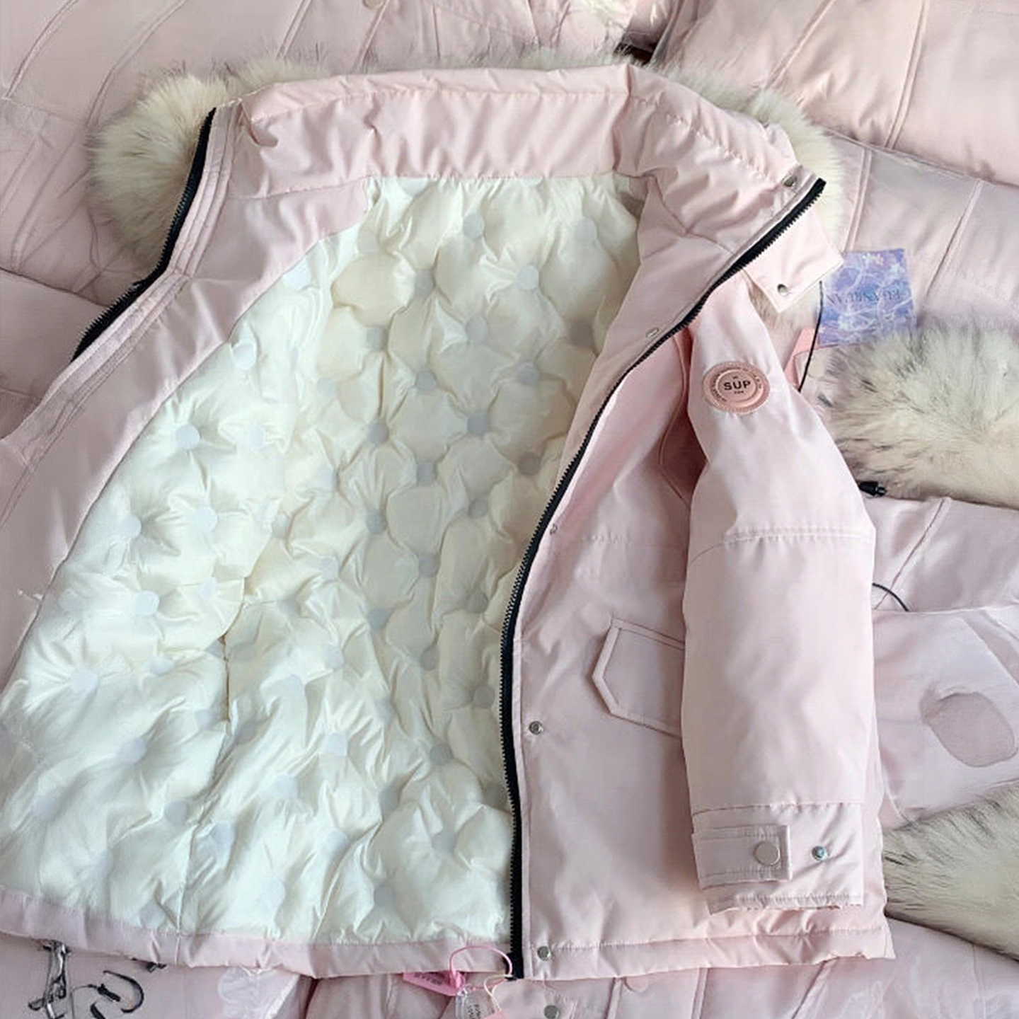 胖mm大码女装粉色超好看夹棉棉服女冬季加厚保暖甜美风派克服上衣 - 图0