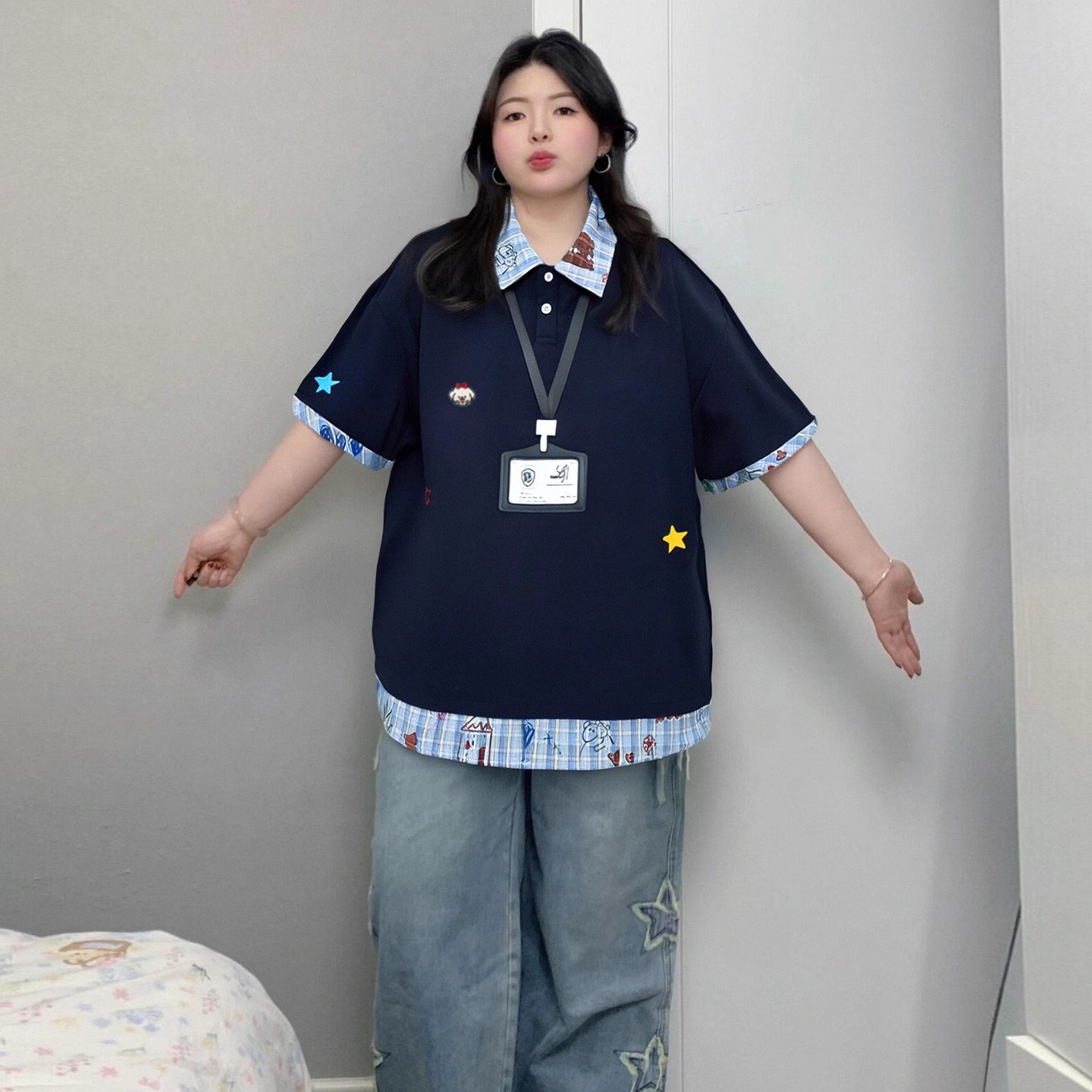 胖mm大码学院风小狗刺绣POLO领短袖t恤女格子拼接设计假两件上衣
