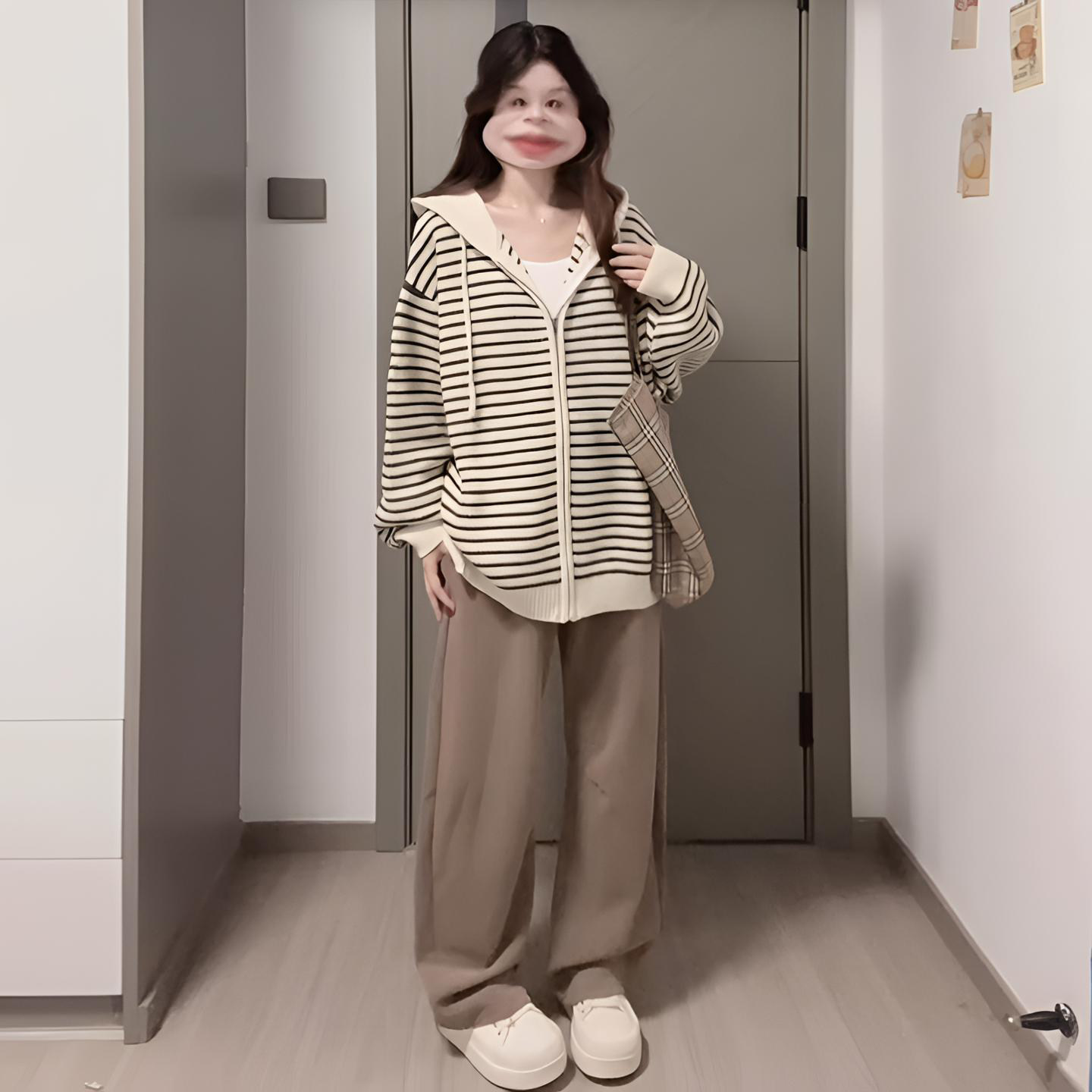 特大码慵懒高级感针织开衫外套女胖mm甜美风减龄气质条纹连帽上衣,淘宝优惠券,粉丝福利购,淘宝优惠卷