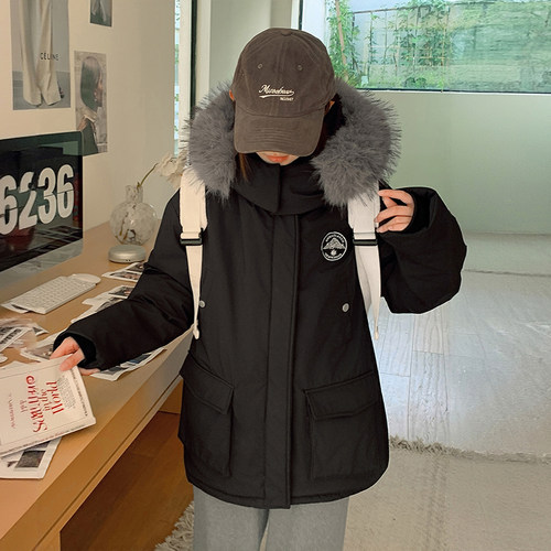 300斤大码女装美式加厚派克服外套女胖mm宽松学院风连帽黑色棉服 - 图1