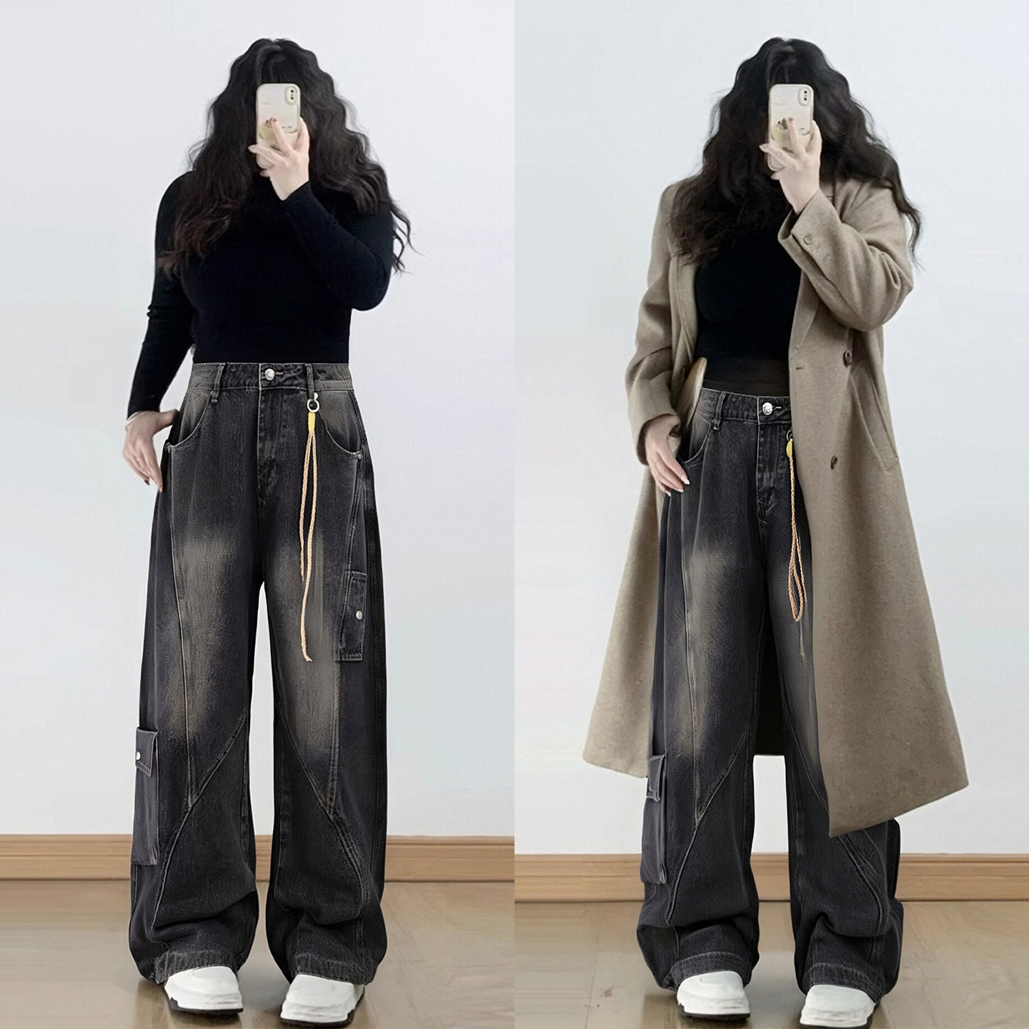 300斤特大码复古做旧水洗牛仔裤女胖mm美式高腰显瘦黑色阔腿裤子,淘宝优惠券,粉丝福利购,淘宝优惠卷