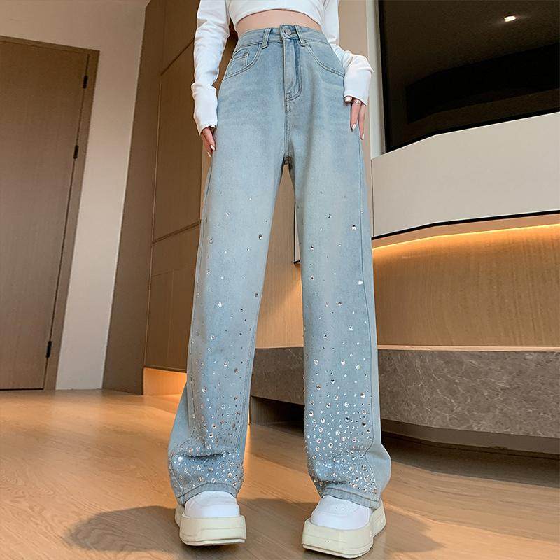 大码女装胖mm高级感浅色系牛仔裤女高腰宽松显瘦重工烫钻阔腿裤子,淘宝优惠券,粉丝福利购,淘宝优惠卷