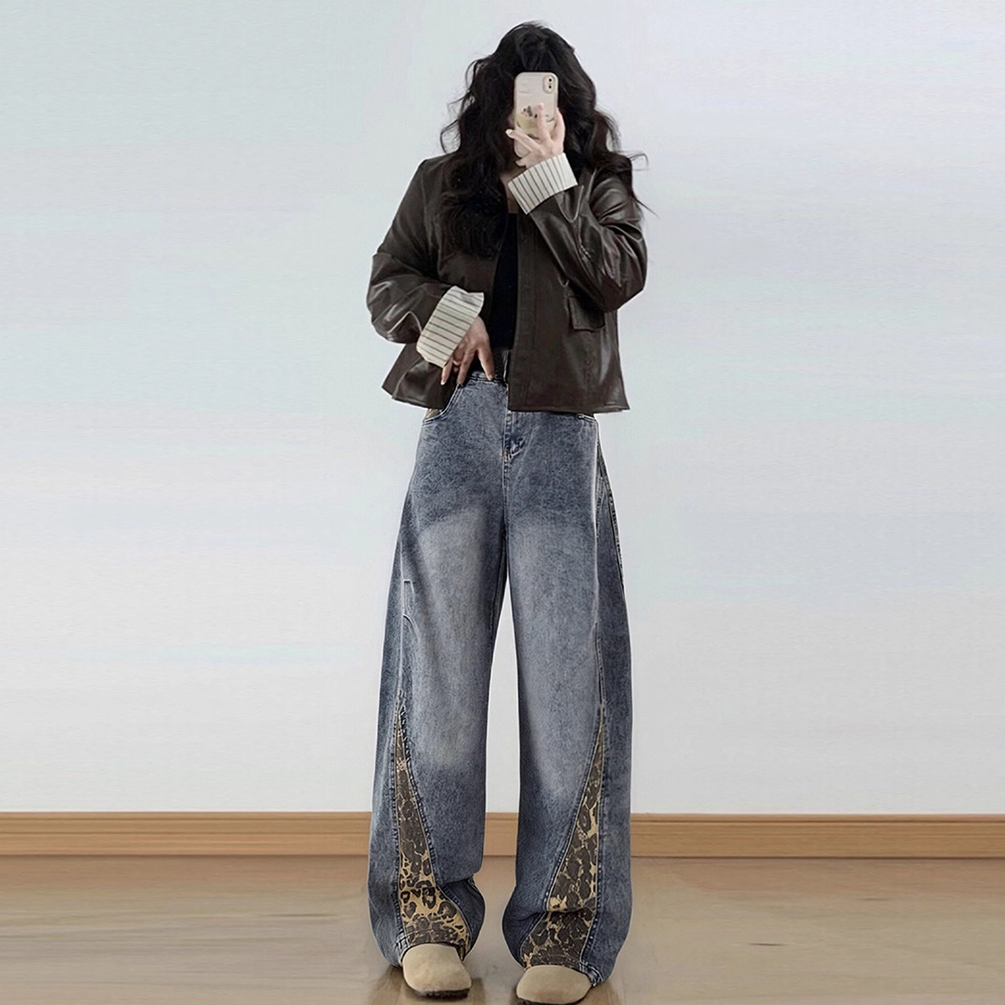 大码女装美式高街蓝色牛仔裤女胖mm豹纹拼接高腰宽松显瘦阔腿裤子,淘宝优惠券,粉丝福利购,淘宝优惠卷