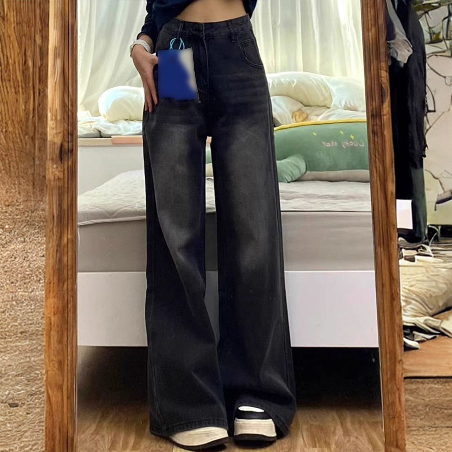 300斤胖mm大码黑灰色高腰直筒牛仔裤女复古慵懒松弛感阔腿长裤子,淘宝优惠券,粉丝福利购,淘宝优惠卷