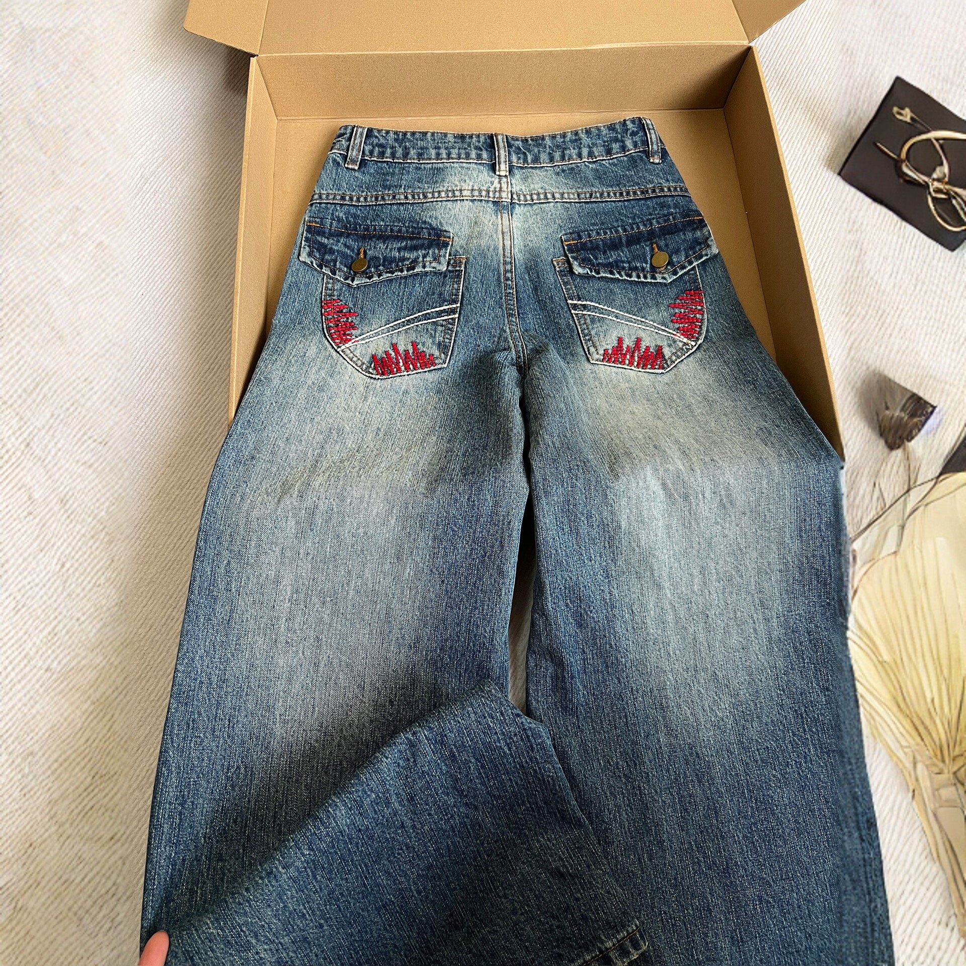 300斤大码女装美式高街蓝色加绒牛仔裤女胖mm设计感加厚阔腿裤子,淘宝优惠券,粉丝福利购,淘宝优惠卷