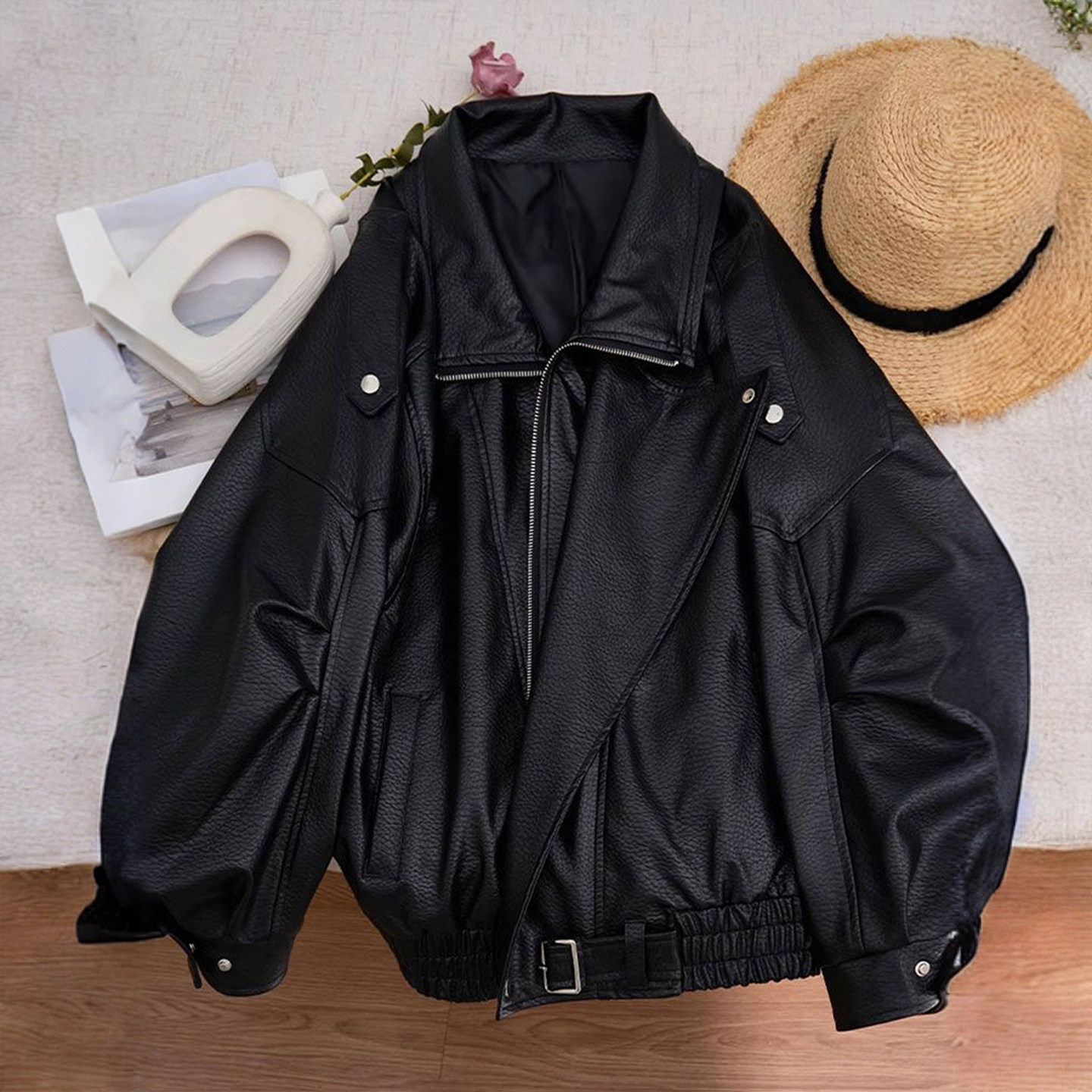 大码女装胖mm黑色简约高级感皮衣外套女美式辣妹风气质百搭上衣女,淘宝优惠券,粉丝福利购,淘宝优惠卷