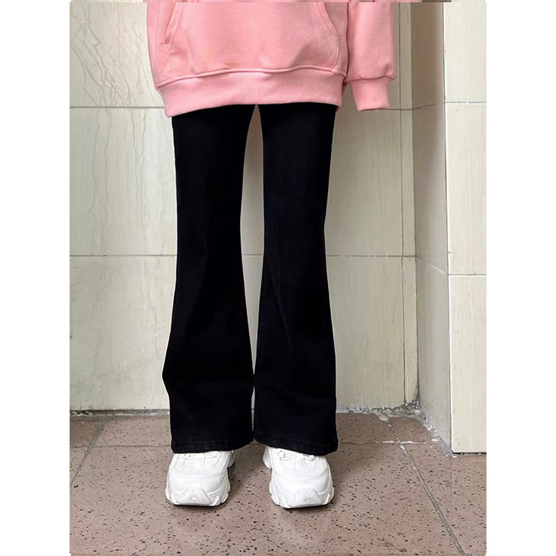 胖mm大码女装美式微喇牛仔裤女秋冬新款学生弹力黑色加绒喇叭裤子