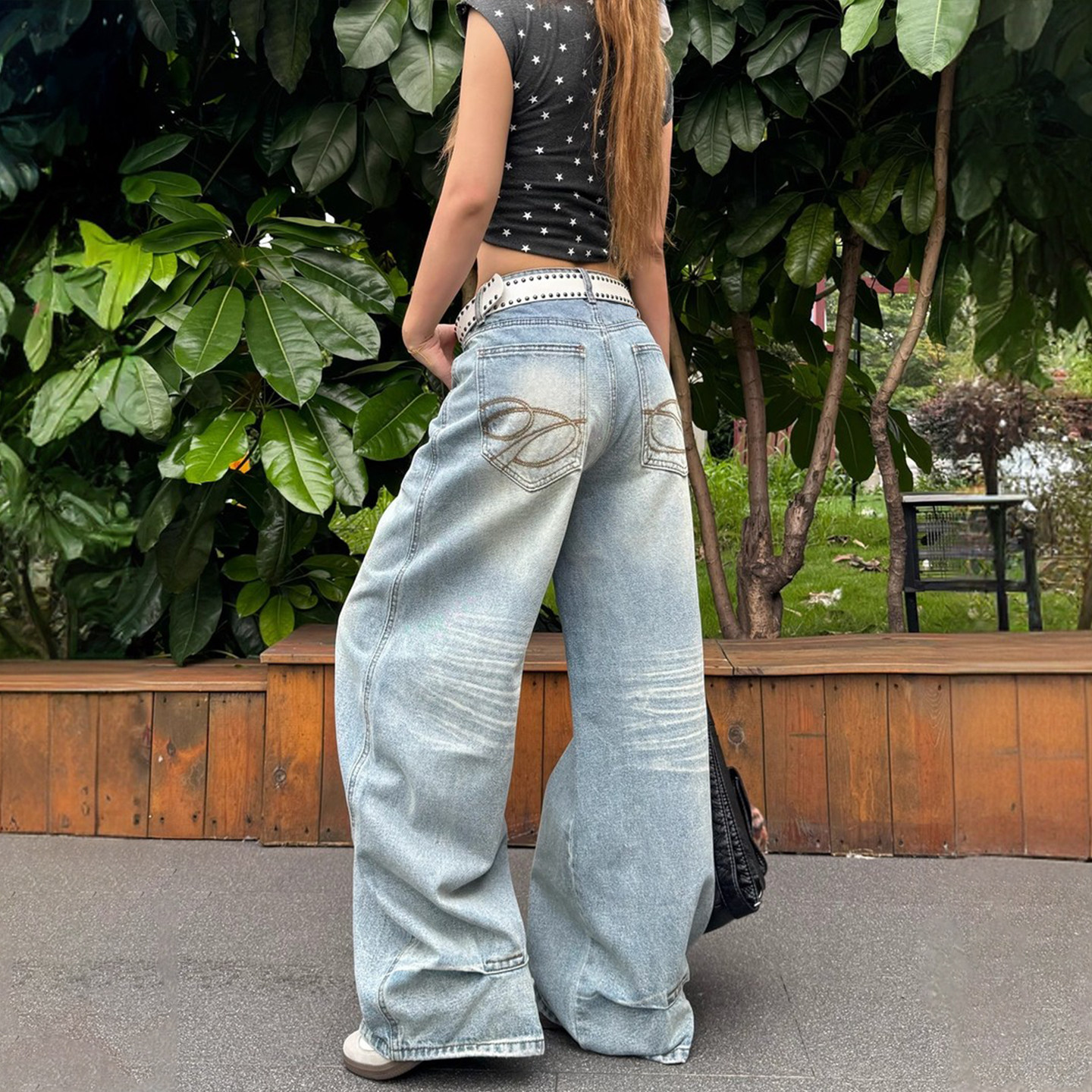 特大码美式复古水洗做旧辣妹风牛仔裤女胖mm蓝色休闲百搭阔腿裤子,淘宝优惠券,粉丝福利购,淘宝优惠卷