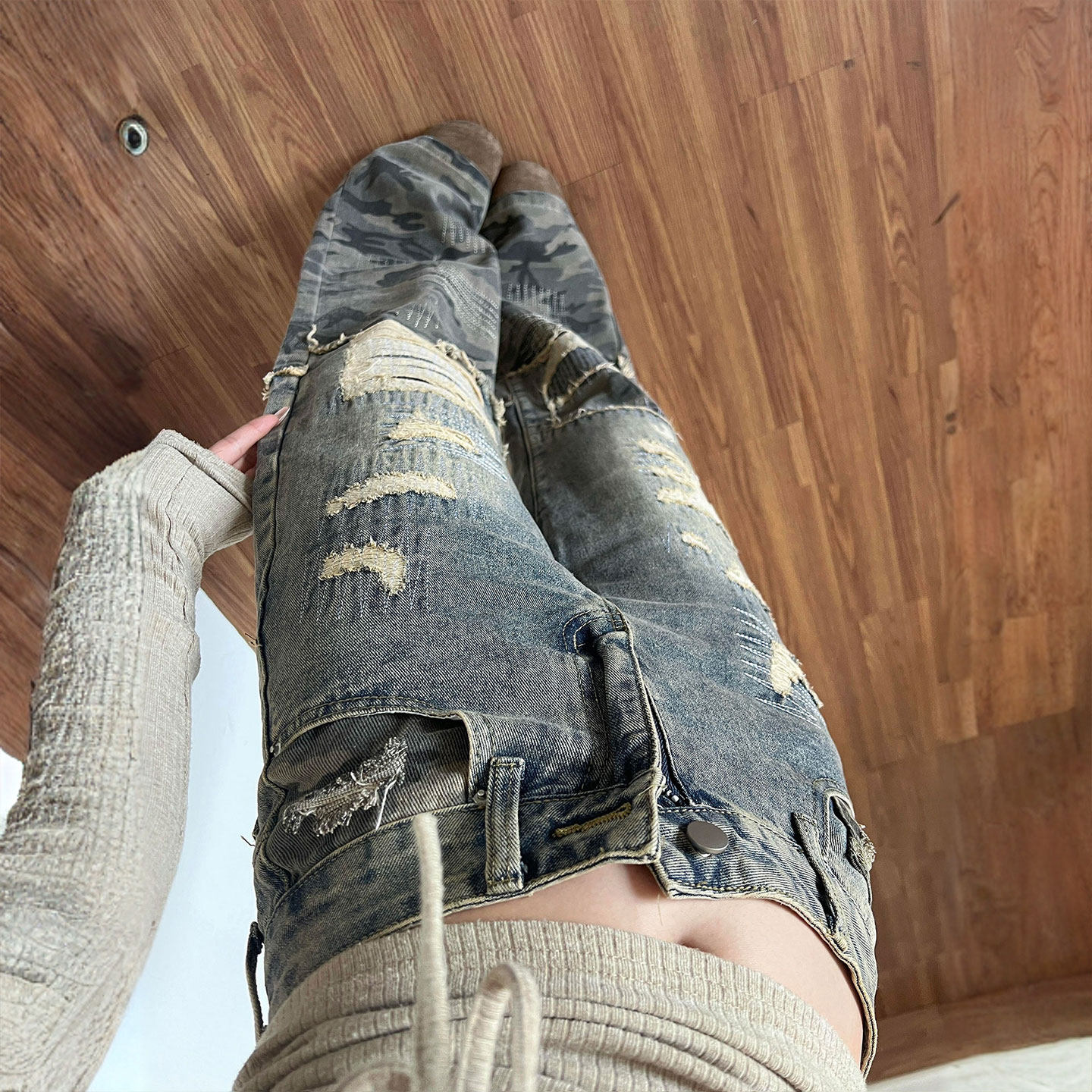 特大码胖mm美式穿搭辣妹风蓝色牛仔裤女破洞设计豹纹拼接直筒裤子,淘宝优惠券,粉丝福利购,淘宝优惠卷