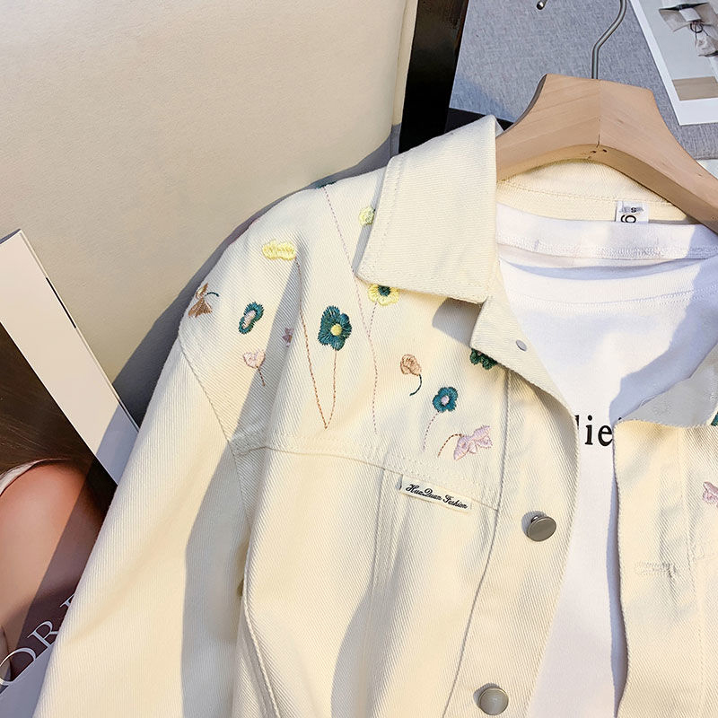 300斤大码胖mm高级感刺绣白色牛仔外套女秋季宽松休闲夹克上衣女 - 图1