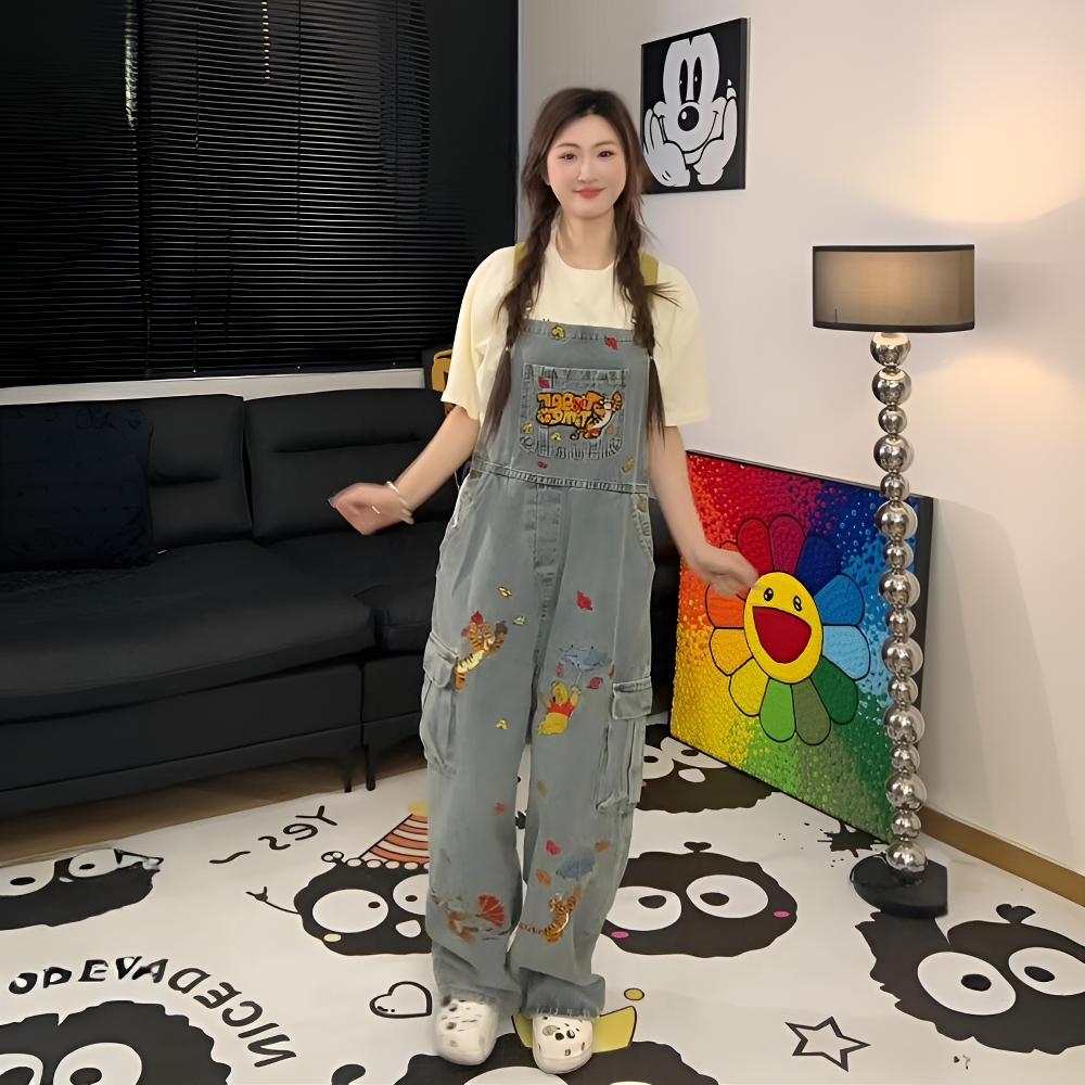 特大码胖mm复古水洗卡通刺绣牛仔背带裤女设计感美式工装连体裤子 - 图2