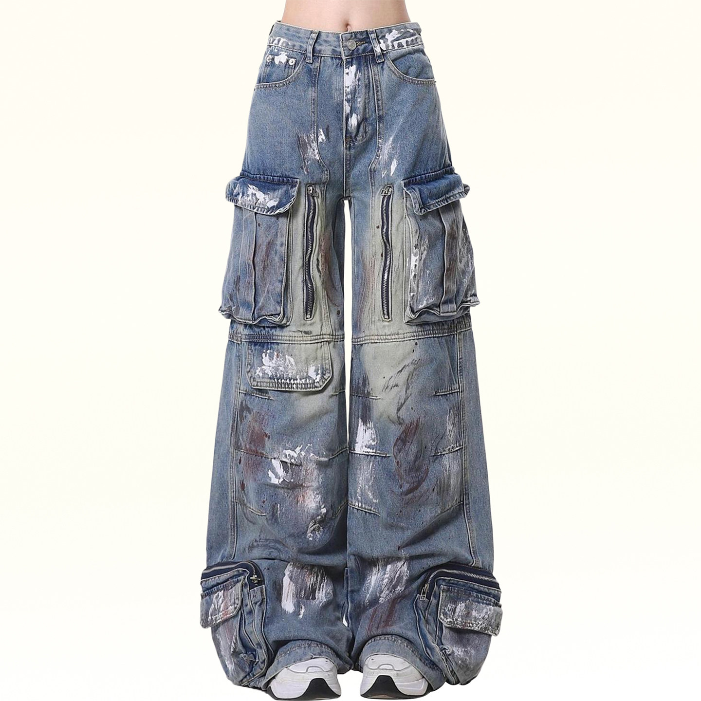 大码女装美式工装多口袋设计蓝色牛仔裤女胖mm高街辣妹风阔腿裤子,淘宝优惠券,粉丝福利购,淘宝优惠卷