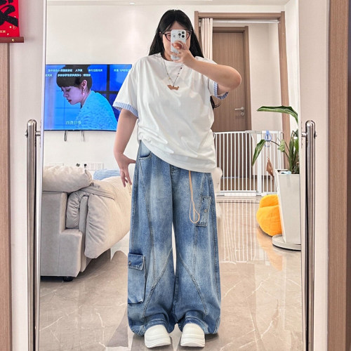 胖mm300斤大码女装美式复古工装牛仔裤女秋季高街宽松弯刀裤女裤 - 图0
