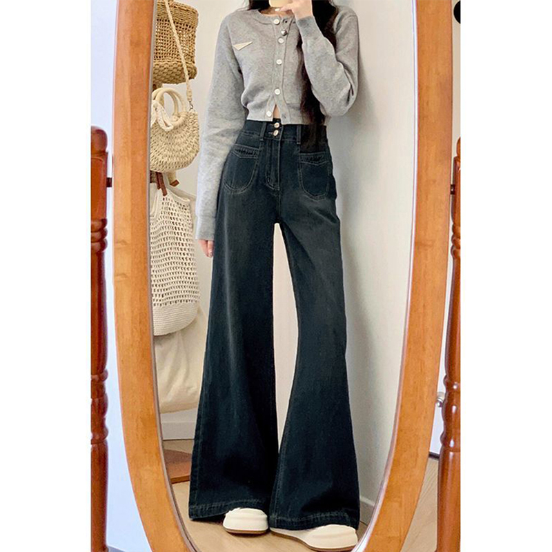 女装胖mm大码弹力复古牛仔裤2025新款百搭裤子女宽松设计感阔腿裤 - 图0