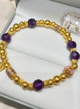 TSL谢瑞麟代购 足金999福字古法黄金紫水晶手链手串女 专柜正品
