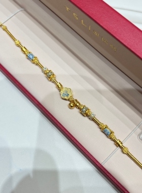 TSL谢瑞麟代购 足金999小蓝花铃铛黄金手链女 鎏彩盘缠新款正品