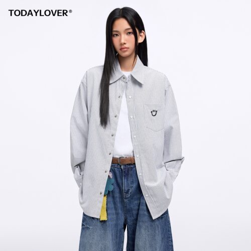 TODAYLOVER条纹长袖衬衫女春季潮牌新款笑脸宽松刺绣休闲衬衣外套 - 图1