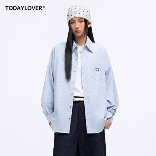 TODAYLOVER条纹长袖衬衫女春季潮牌新款笑脸宽松刺绣休闲衬衣外套 - 图2