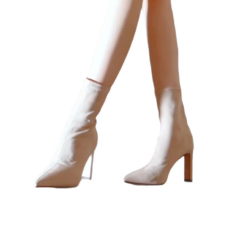 显瘦短靴女秋冬裸色高跟鞋秋冬加绒粗跟踝靴弹力瘦瘦靴 - 图3