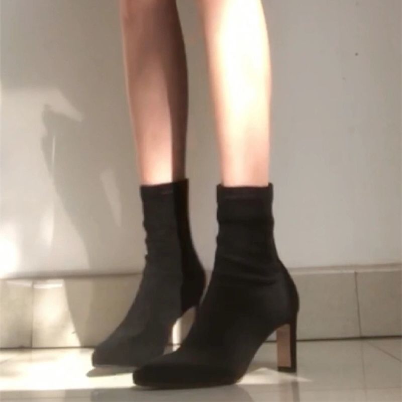 日常高跟短靴女秋冬裸色高跟鞋秋冬加绒粗跟踝靴弹力瘦瘦靴 - 图0