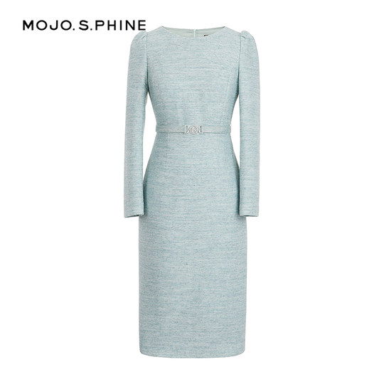 MOJO Mozo 2025 new French elegant A-line dress for women mint green high-waisted slim long-sleeved mid-length dress