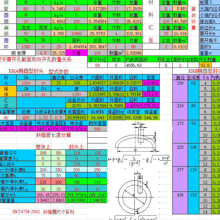 压力容器设计计算表格excel封头安全阀板材容器强度弯头标准公式