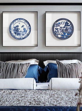 青釉 新中式青花瓷装饰画简约蓝色客厅挂画中国风玄关餐厅壁网红