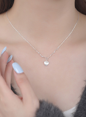 S999足银爱心拉丝项链轻奢小众设计锁骨链女节日礼物