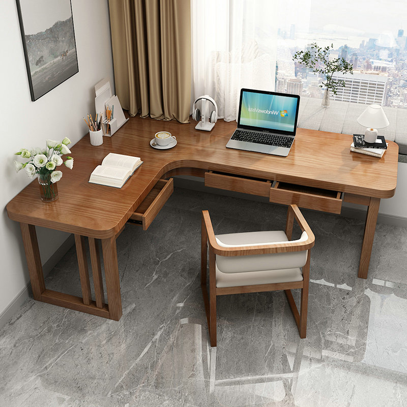 实木转角书桌带抽屉简约靠墙拐角学习桌客厅家用双人长条桌工作台 - 图1