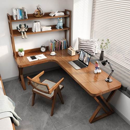 转角书桌书架一体家用卧室床边电脑桌实木书桌书架一体台式电脑桌 - 图1