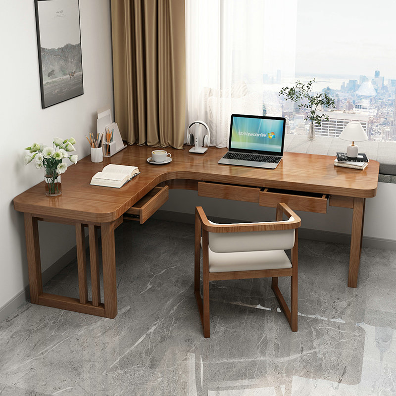 实木转角书桌带抽屉简约靠墙拐角学习桌客厅家用双人长条桌工作台 - 图3
