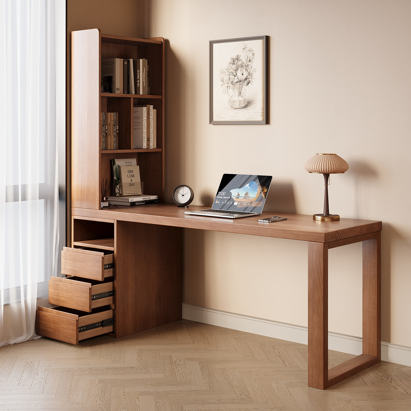 书桌书柜一体靠墙家用实木学习桌写字桌长条桌卧室工作台储物抽屉,淘宝优惠券,粉丝福利购,淘宝优惠卷