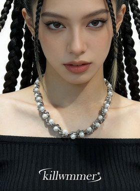 潮酷珍珠缠绕锁骨链男女款